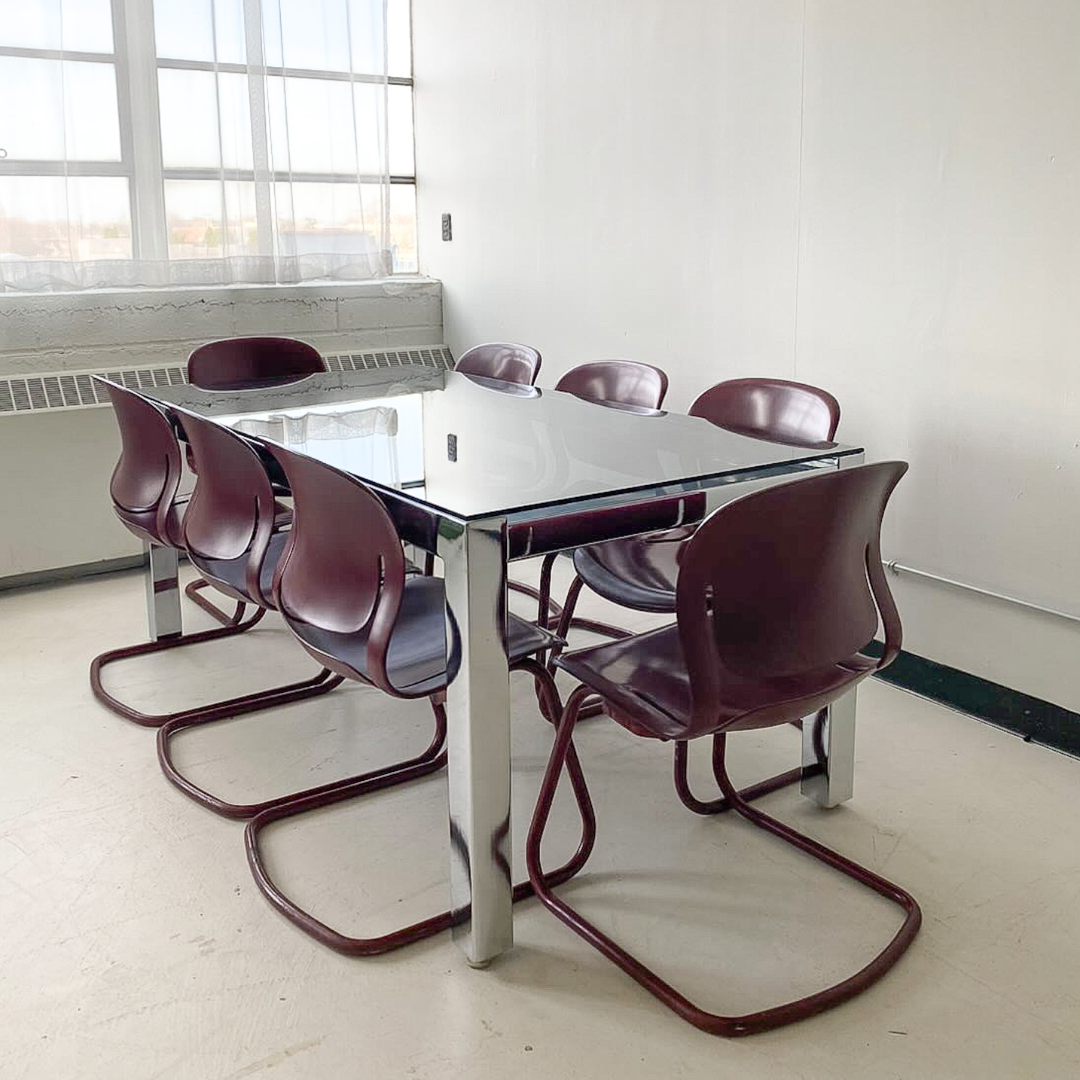 Large Vintage Metal Dining Table With Black Tempered Glass Top