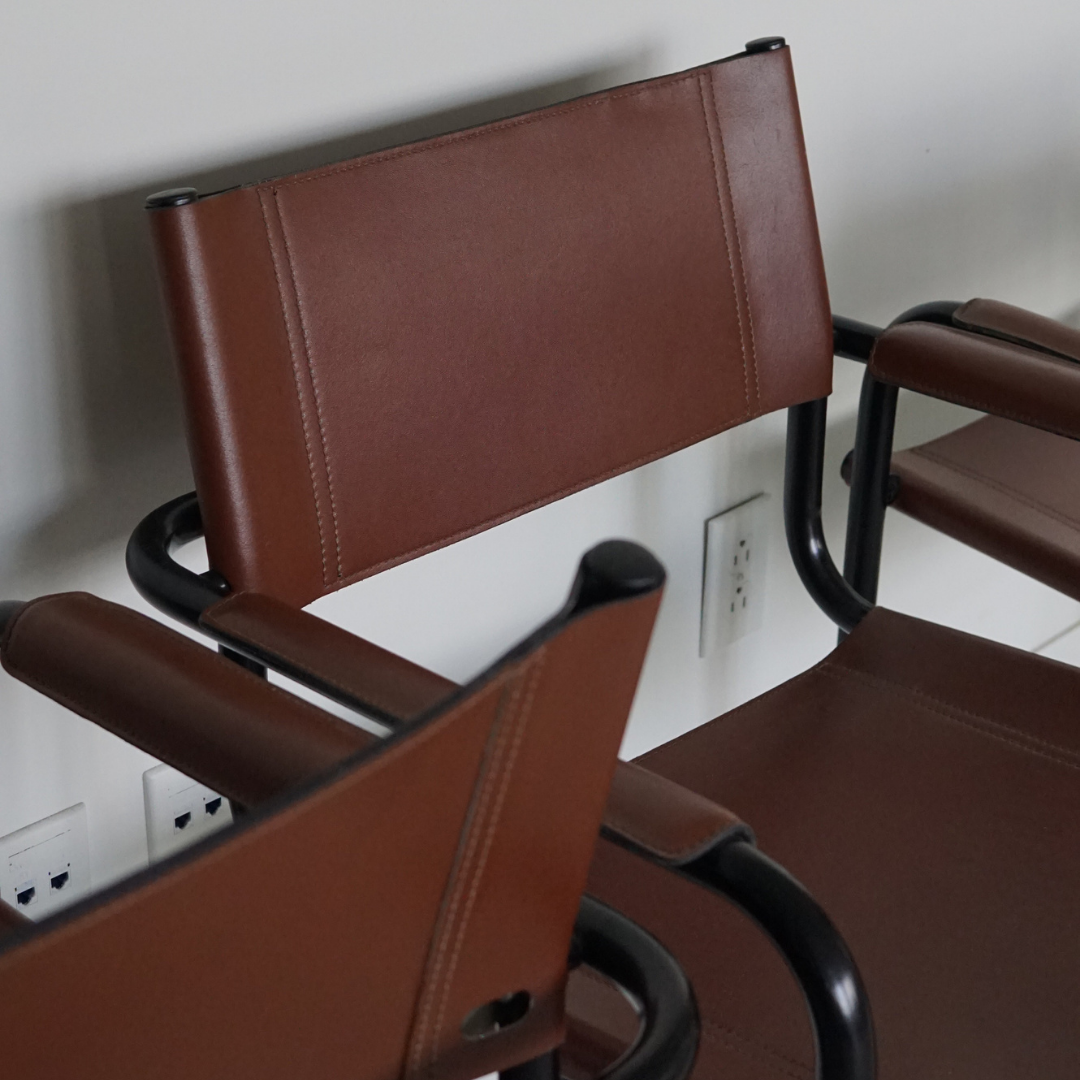 Rare Burnt Brick Genuine Leather Dining Armchairs After Marcel Breuer's Design