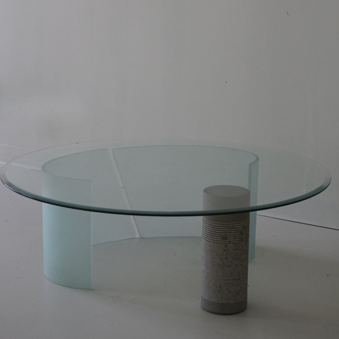 Glass Coffee Table with Ribbed Ciment Cylinder and Frosted Glass Base