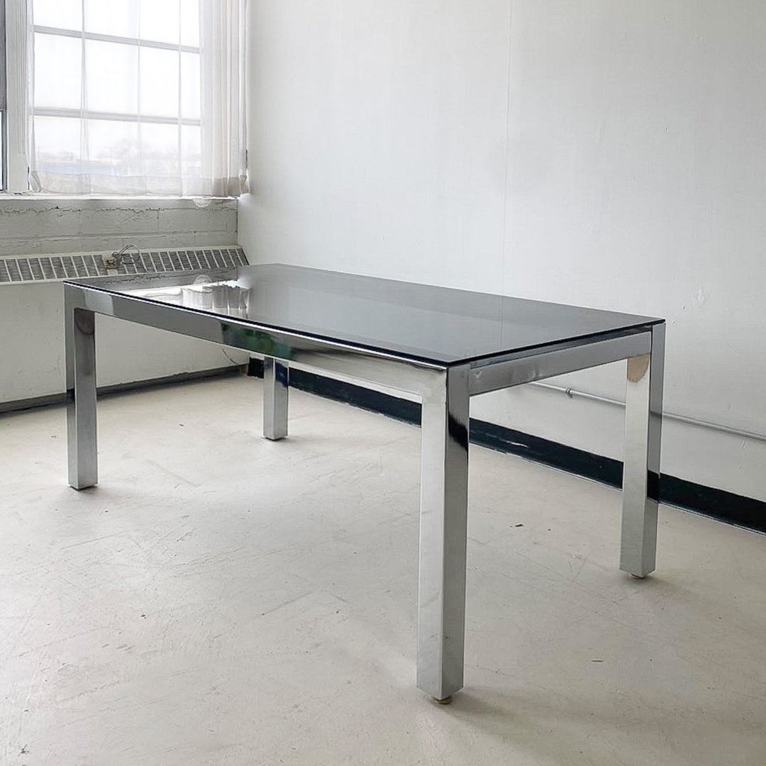 Large Vintage Metal Dining Table With Black Tempered Glass Top