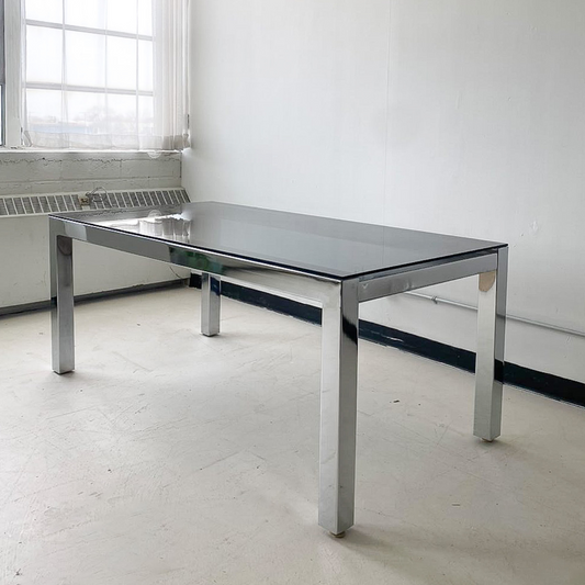 Large Vintage Metal Dining Table With Black Tempered Glass Top