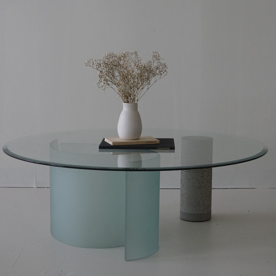 Glass Coffee Table with Ribbed Ciment Cylinder and Frosted Glass Base