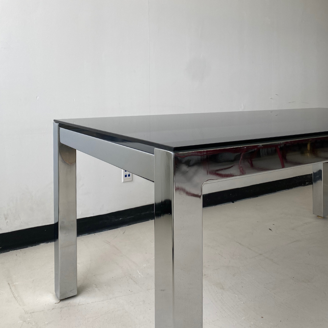 Large Vintage Metal Dining Table With Black Tempered Glass Top