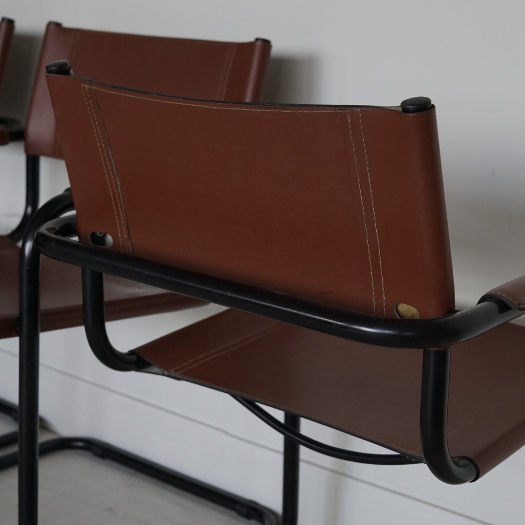 Rare Burnt Brick Genuine Leather Dining Armchairs After Marcel Breuer's Design