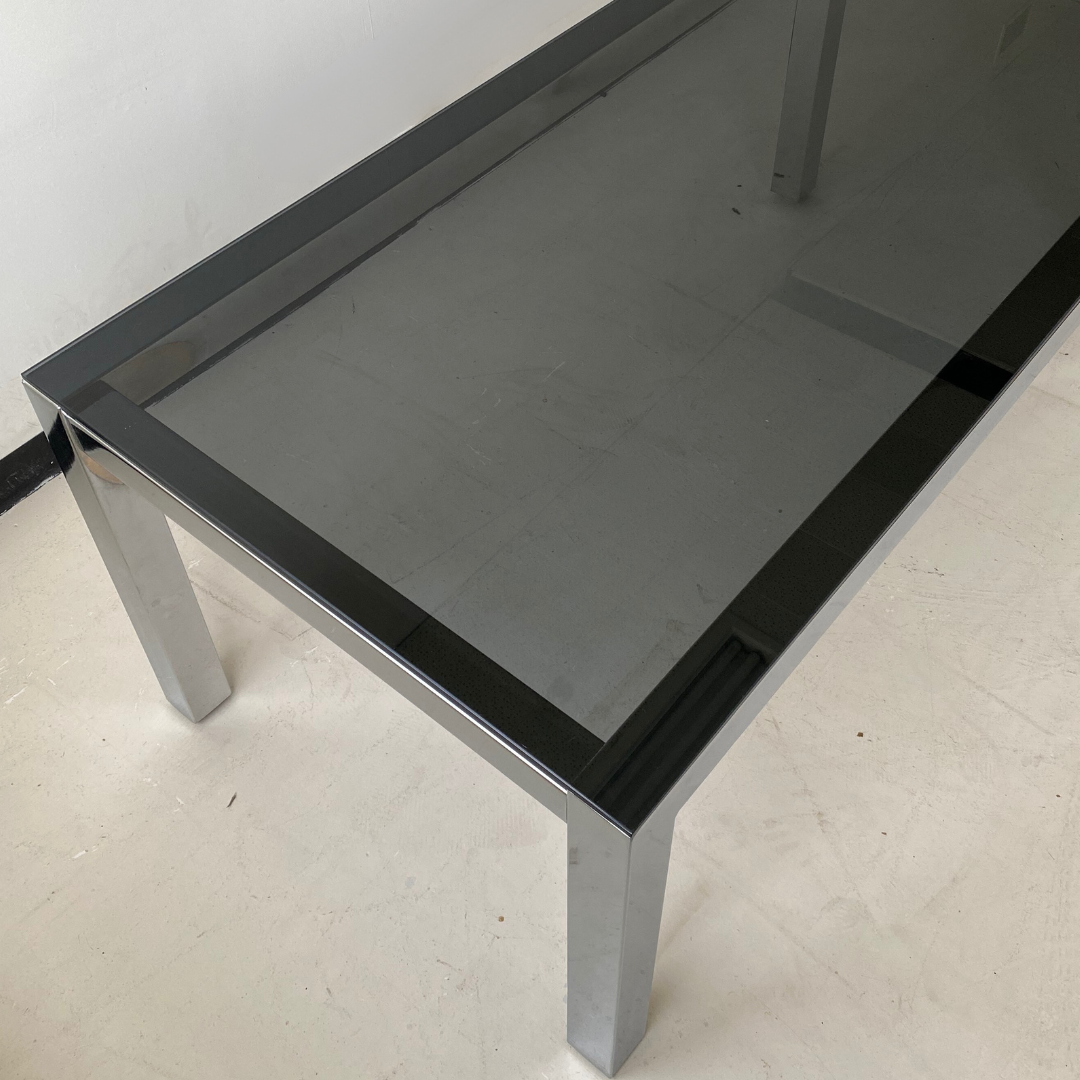 Large Vintage Metal Dining Table With Black Tempered Glass Top