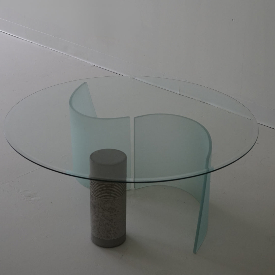 Glass Coffee Table with Ribbed Ciment Cylinder and Frosted Glass Base