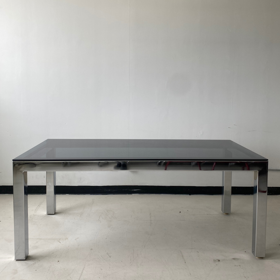 Large Vintage Metal Dining Table With Black Tempered Glass Top