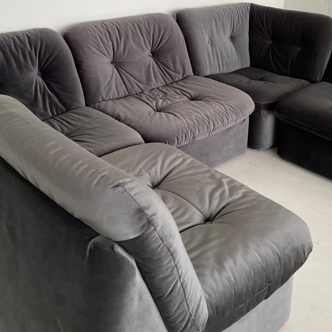 5-piece Moss-Grey Velvet Modular Vintage Couch