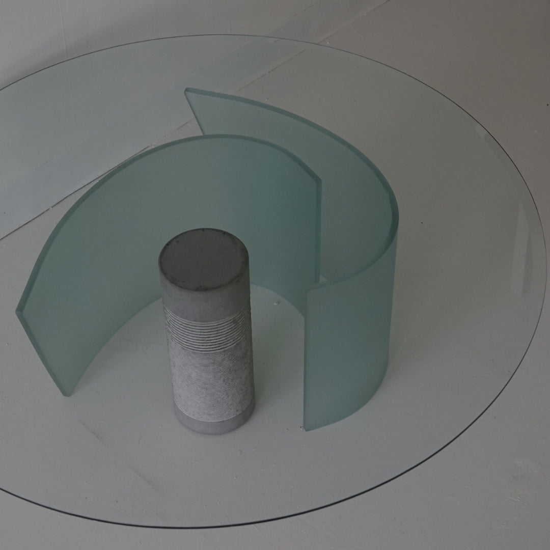 Glass Coffee Table with Ribbed Ciment Cylinder and Frosted Glass Base