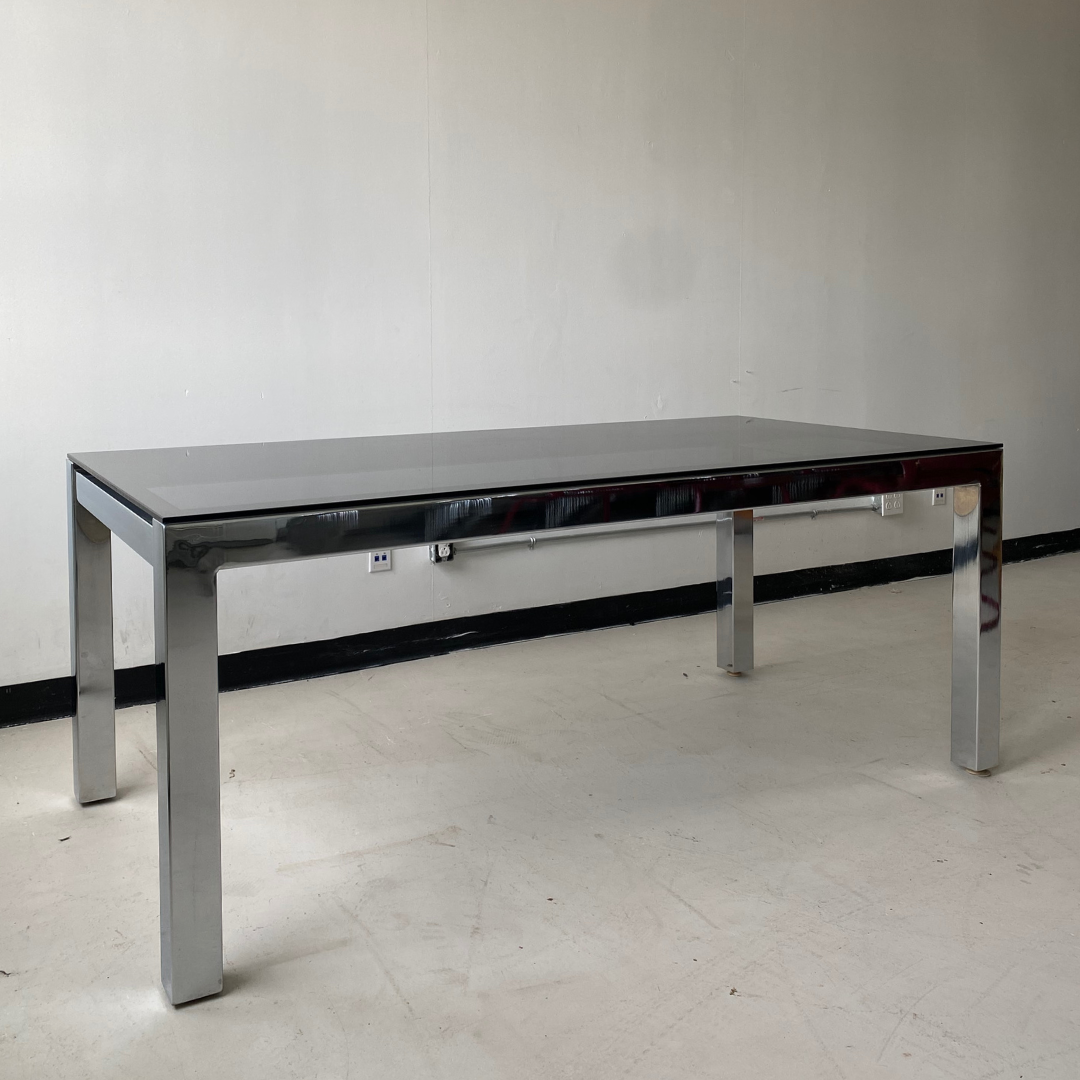 Large Vintage Metal Dining Table With Black Tempered Glass Top