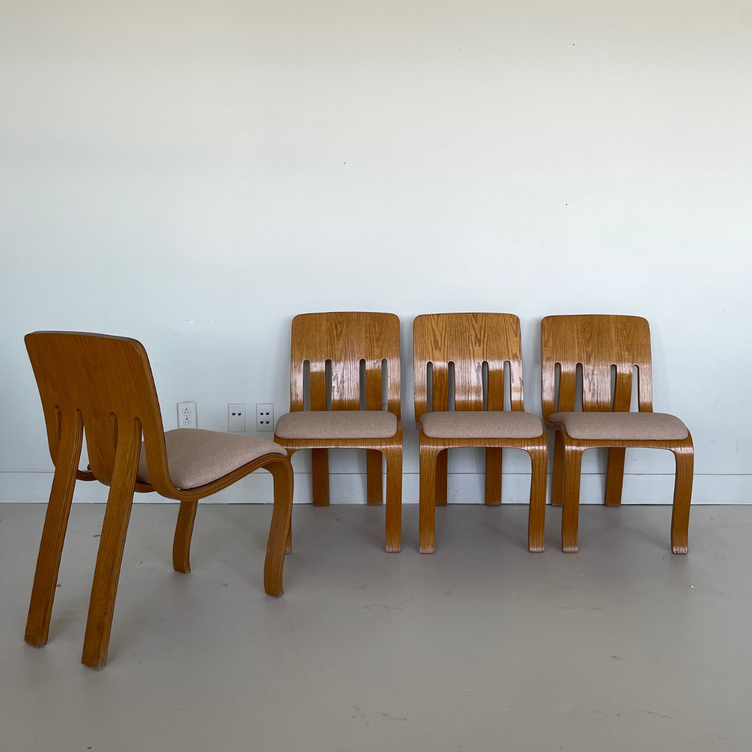 Rare  First Edition "The Danko Chair Without Arms" Laminated Oak Plywood Dining Chairs by Peter Danko, 1970s, Set of 4