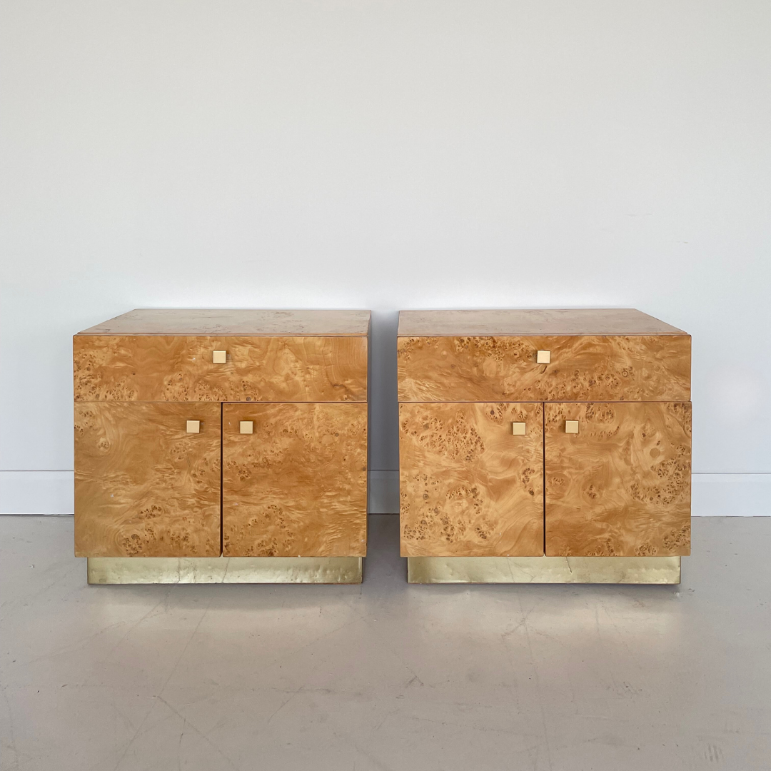 Milo Baughman Burlwood and Brass Nightstands for Founders by Thomasville Furniture, 1979