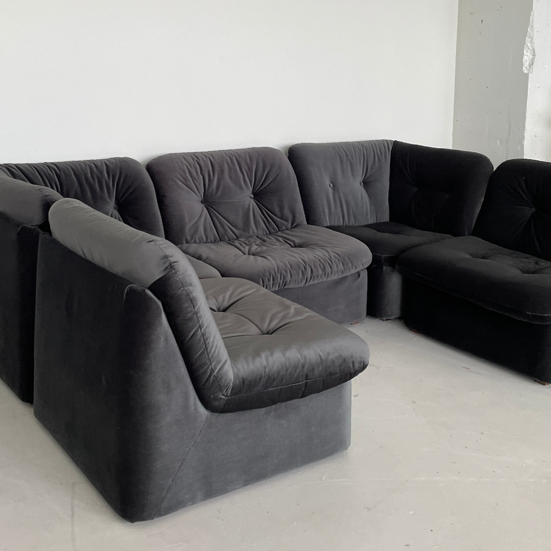 5-piece Moss-Grey Velvet Modular Vintage Couch