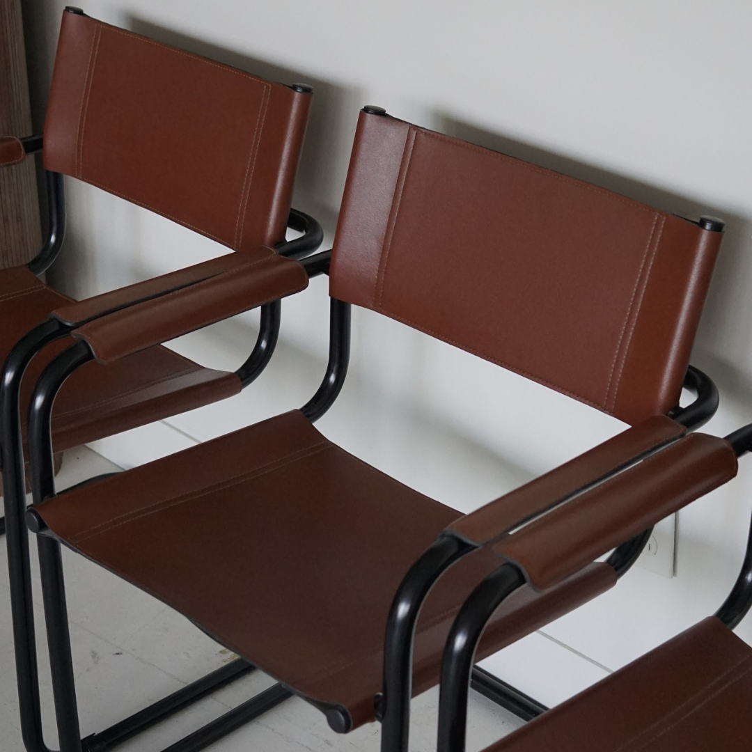 Rare Burnt Brick Genuine Leather Dining Armchairs After Marcel Breuer's Design