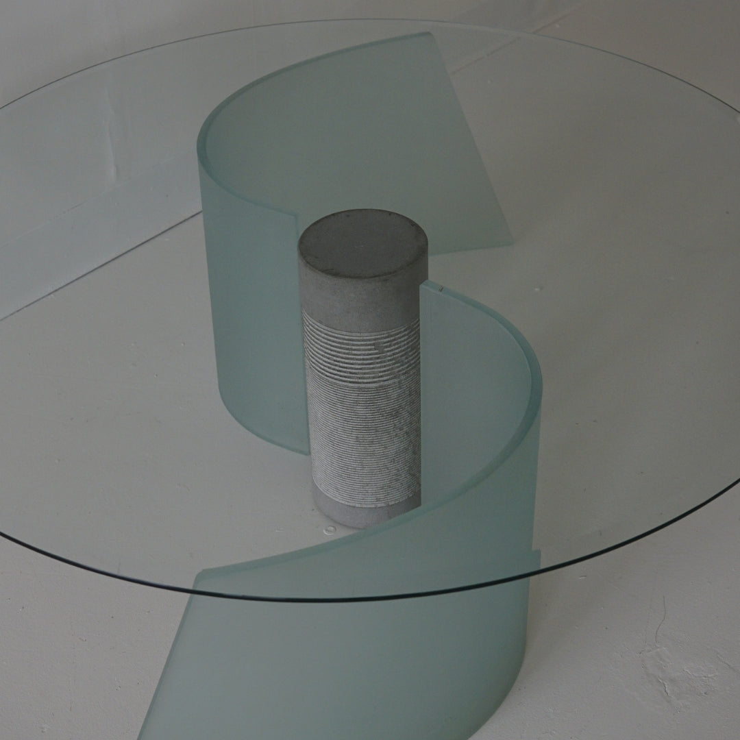 Glass Coffee Table with Ribbed Ciment Cylinder and Frosted Glass Base