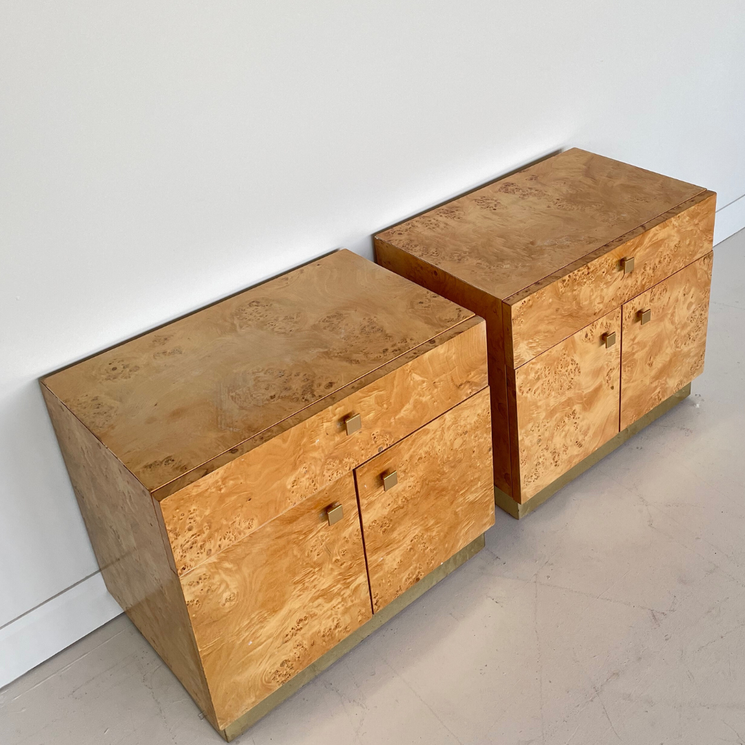 Milo Baughman Burlwood and Brass Nightstands for Founders by Thomasville Furniture, 1979