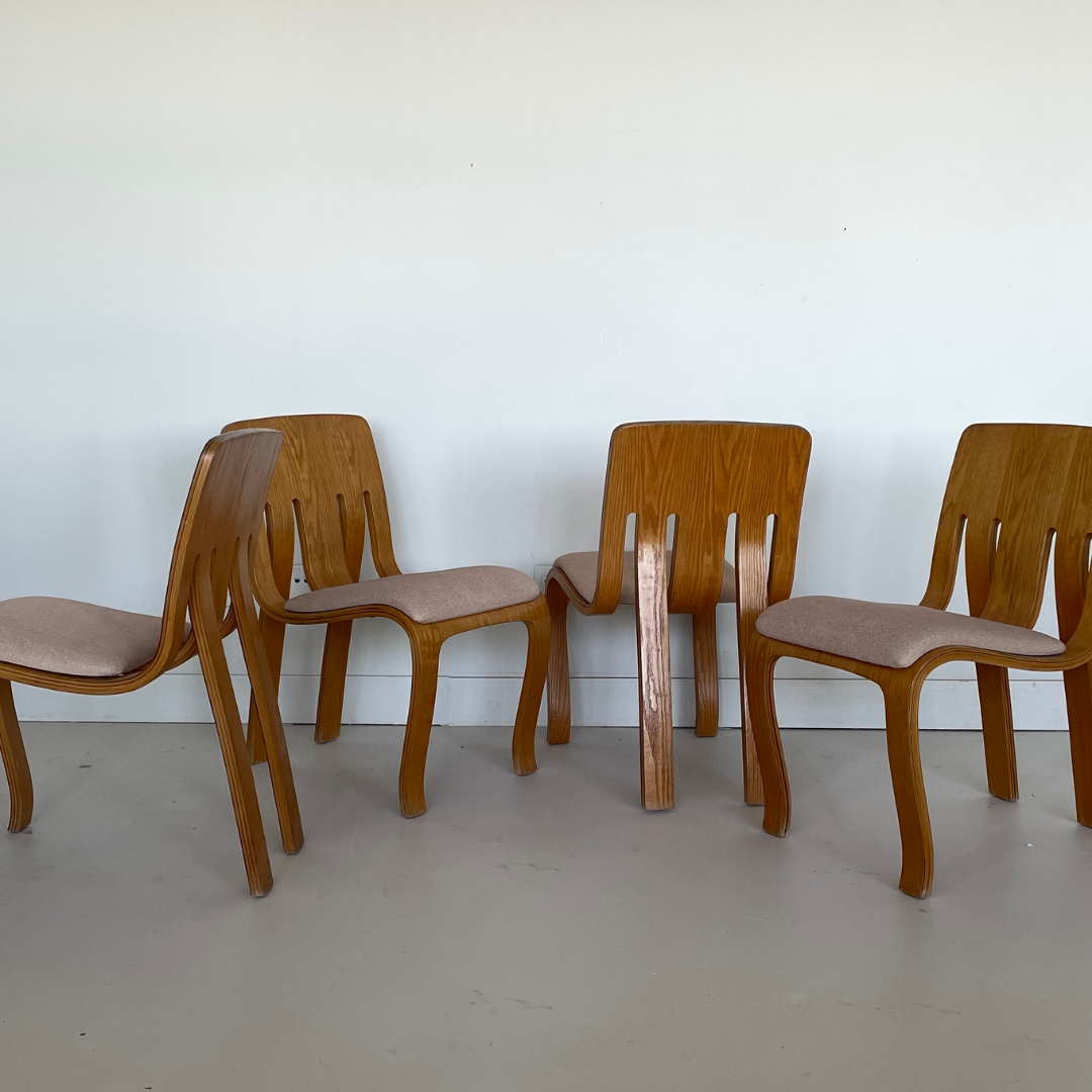 Rare  First Edition "The Danko Chair Without Arms" Laminated Oak Plywood Dining Chairs by Peter Danko, 1970s, Set of 4