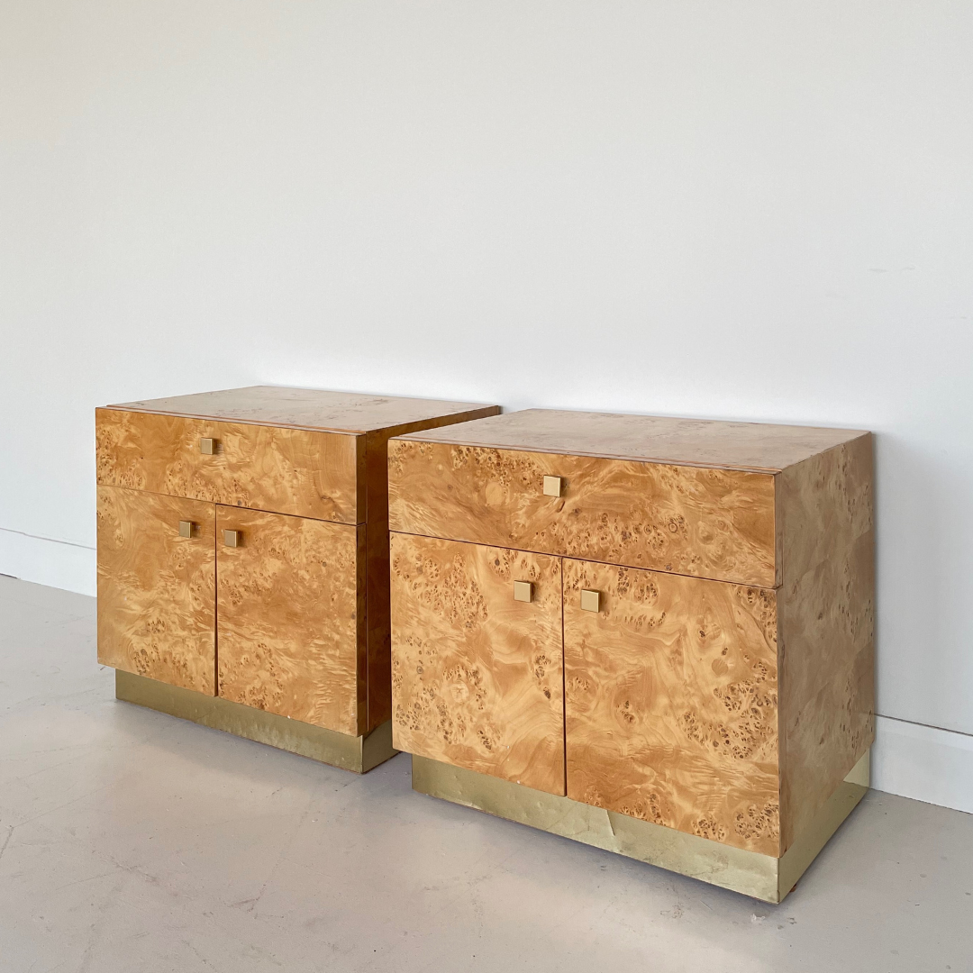 Milo Baughman Burlwood and Brass Nightstands for Founders by Thomasville Furniture, 1979