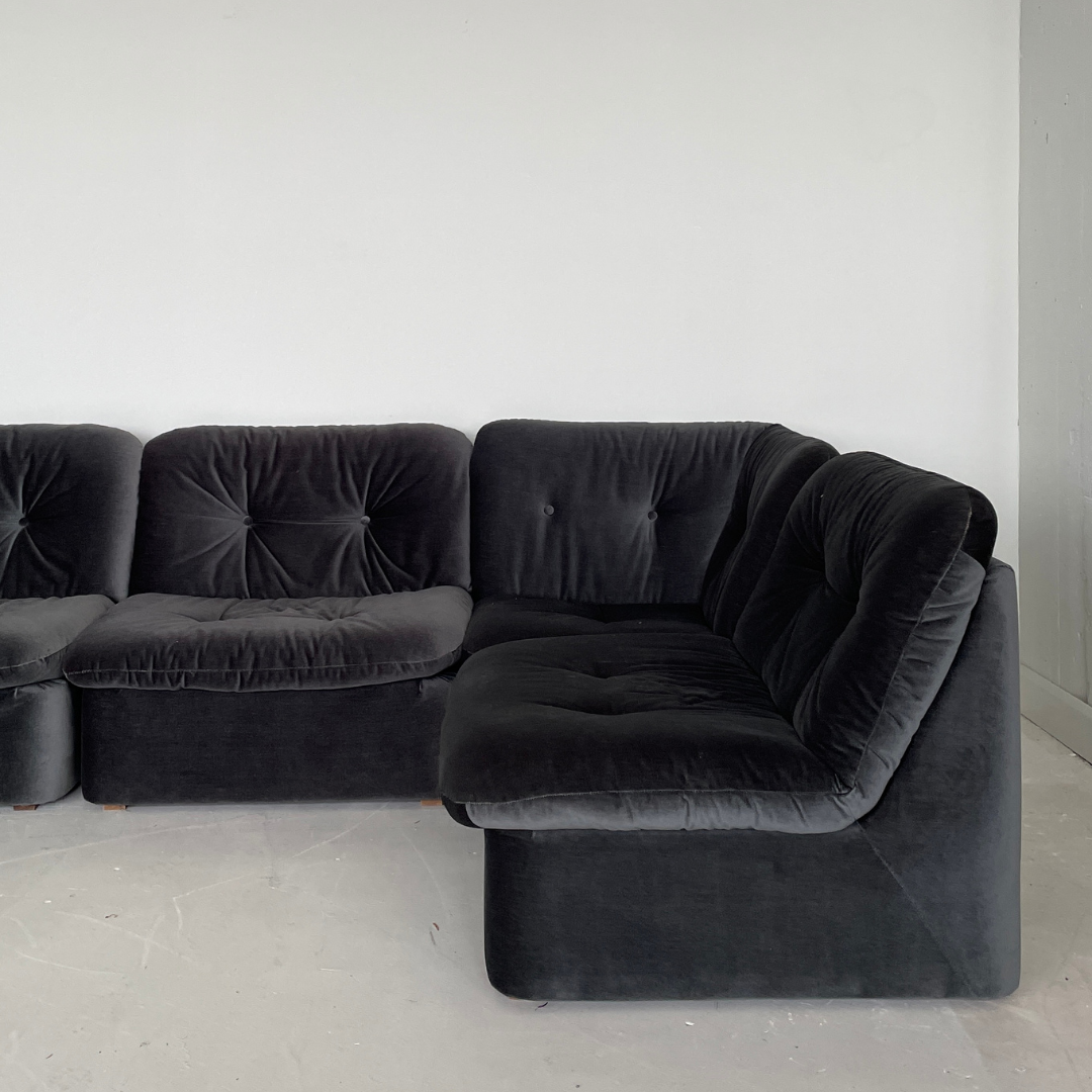 5-piece Moss-Grey Velvet Modular Vintage Couch