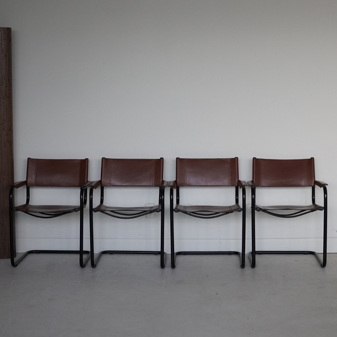 Rare Burnt Brick Genuine Leather Dining Armchairs After Marcel Breuer's Design