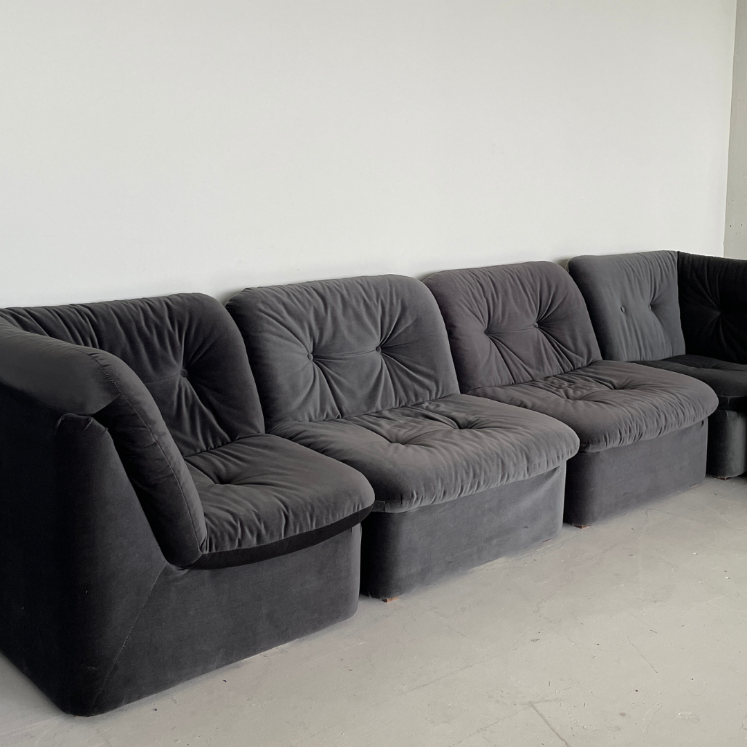 5-piece Moss-Grey Velvet Modular Vintage Couch