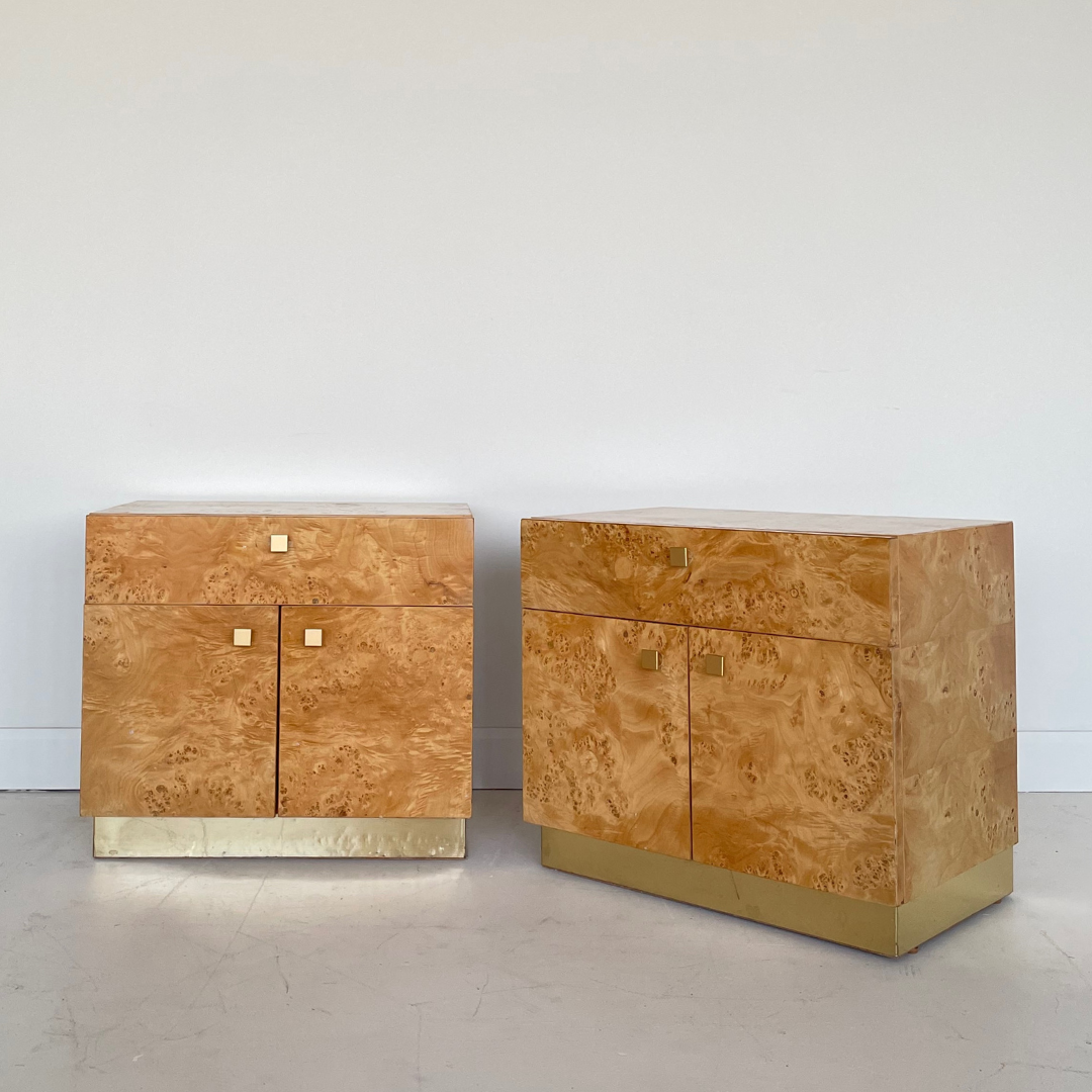 Milo Baughman Burlwood and Brass Nightstands for Founders by Thomasville Furniture, 1979