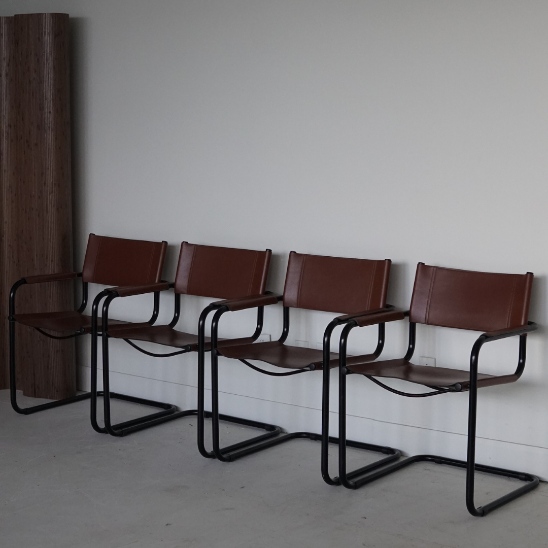 Rare Burnt Brick Genuine Leather Dining Armchairs After Marcel Breuer's Design