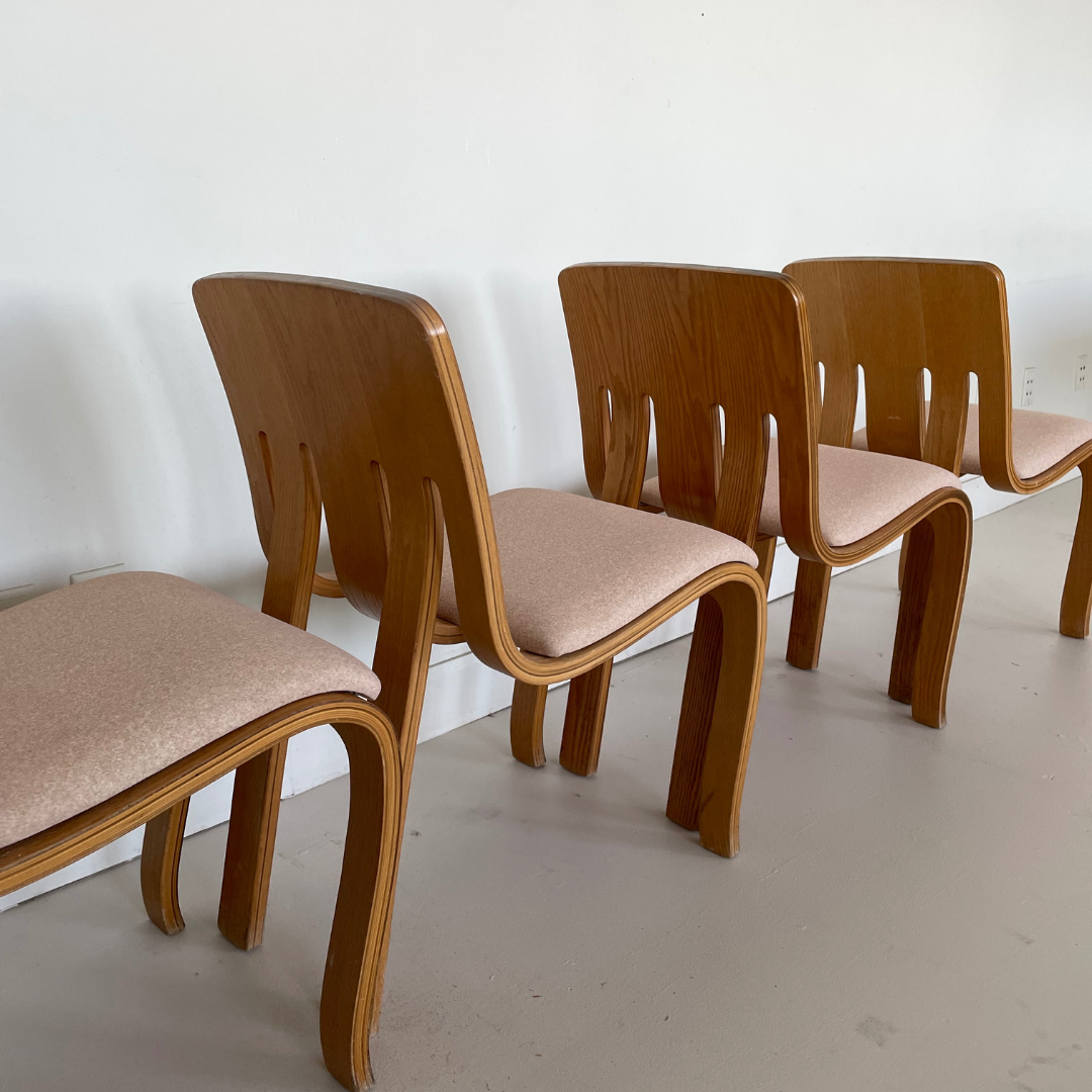 Rare  First Edition "The Danko Chair Without Arms" Laminated Oak Plywood Dining Chairs by Peter Danko, 1970s, Set of 4