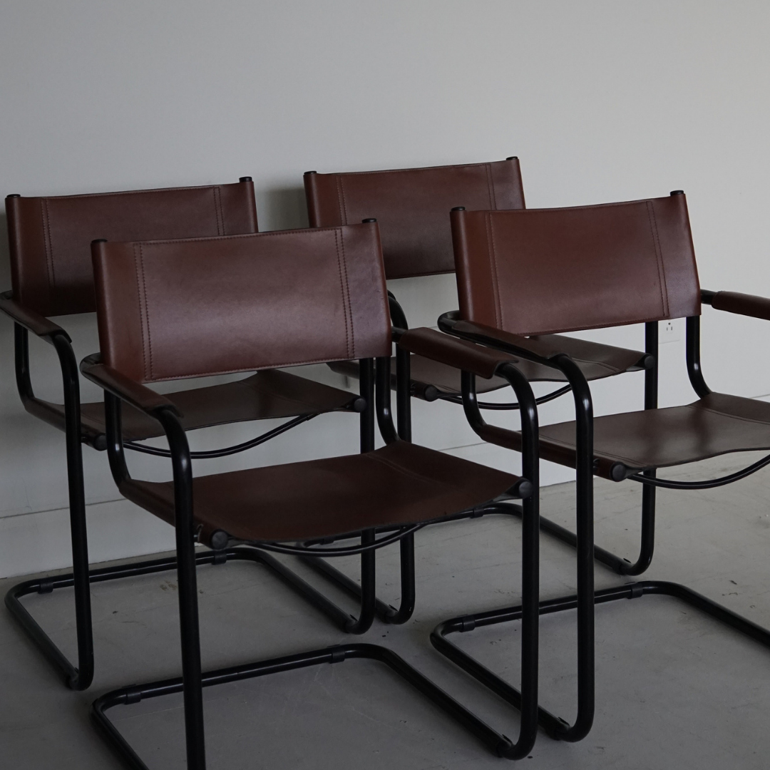 Rare Burnt Brick Genuine Leather Dining Armchairs After Marcel Breuer's Design