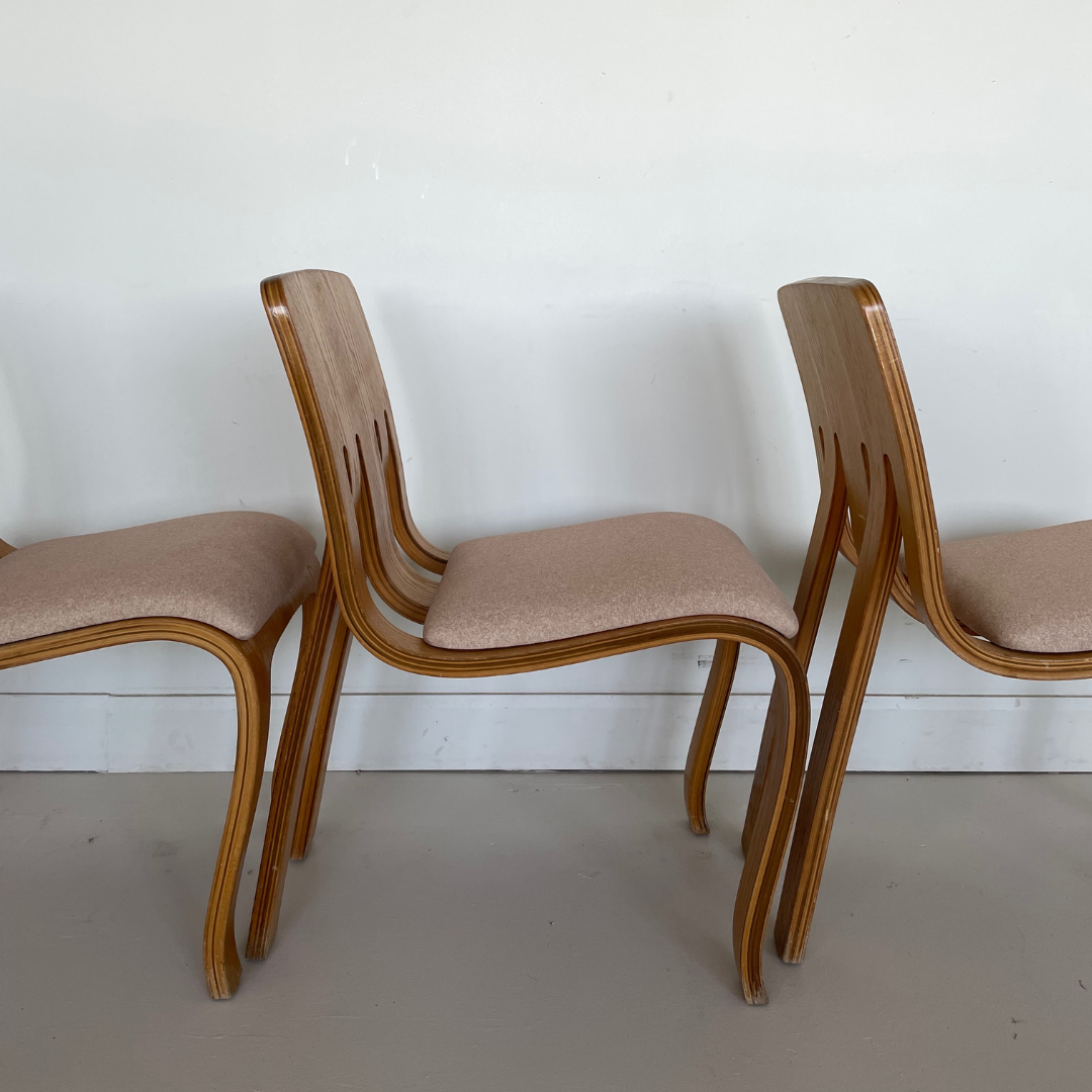 Rare  First Edition "The Danko Chair Without Arms" Laminated Oak Plywood Dining Chairs by Peter Danko, 1970s, Set of 4