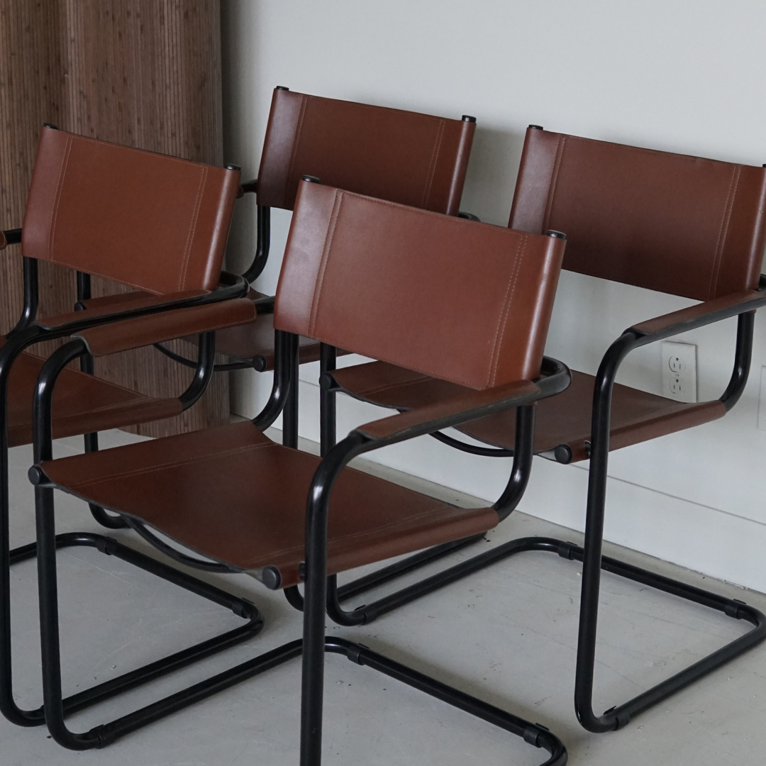 Rare Burnt Brick Genuine Leather Dining Armchairs After Marcel Breuer's Design