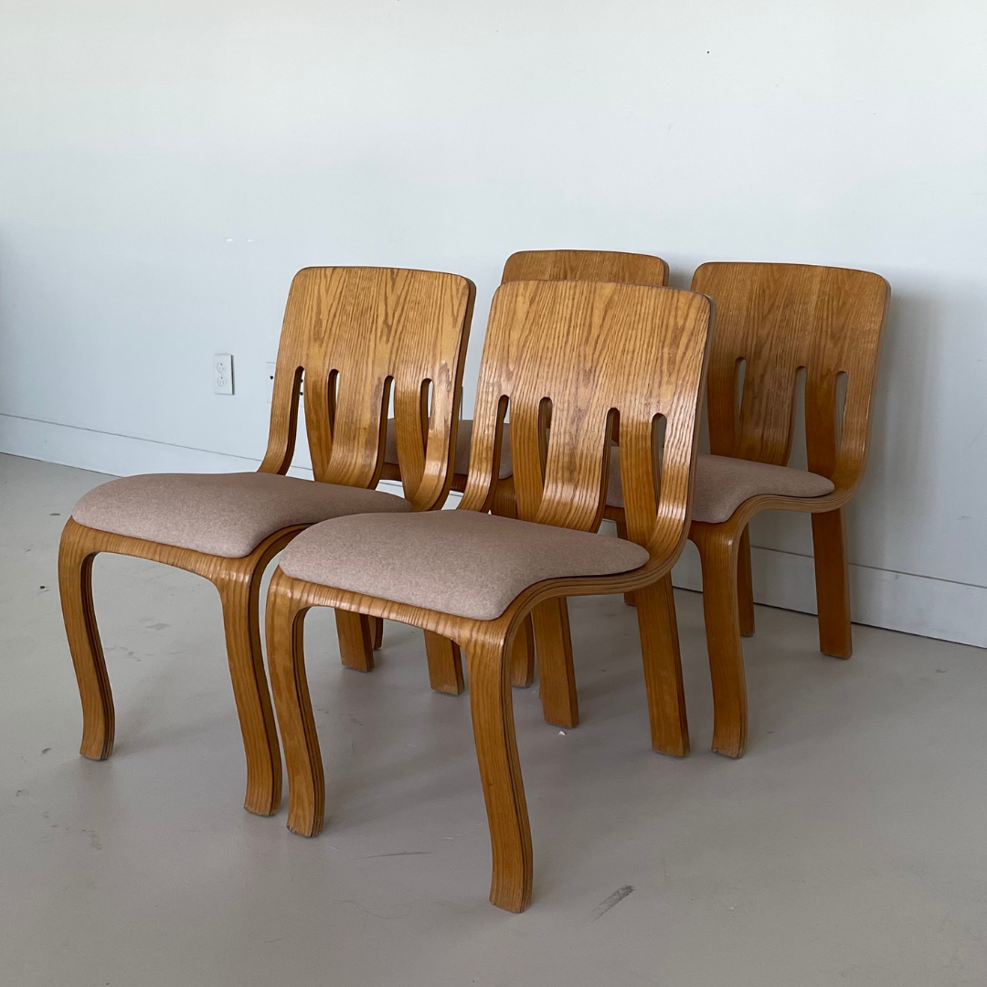 Rare  First Edition "The Danko Chair Without Arms" Laminated Oak Plywood Dining Chairs by Peter Danko, 1970s, Set of 4