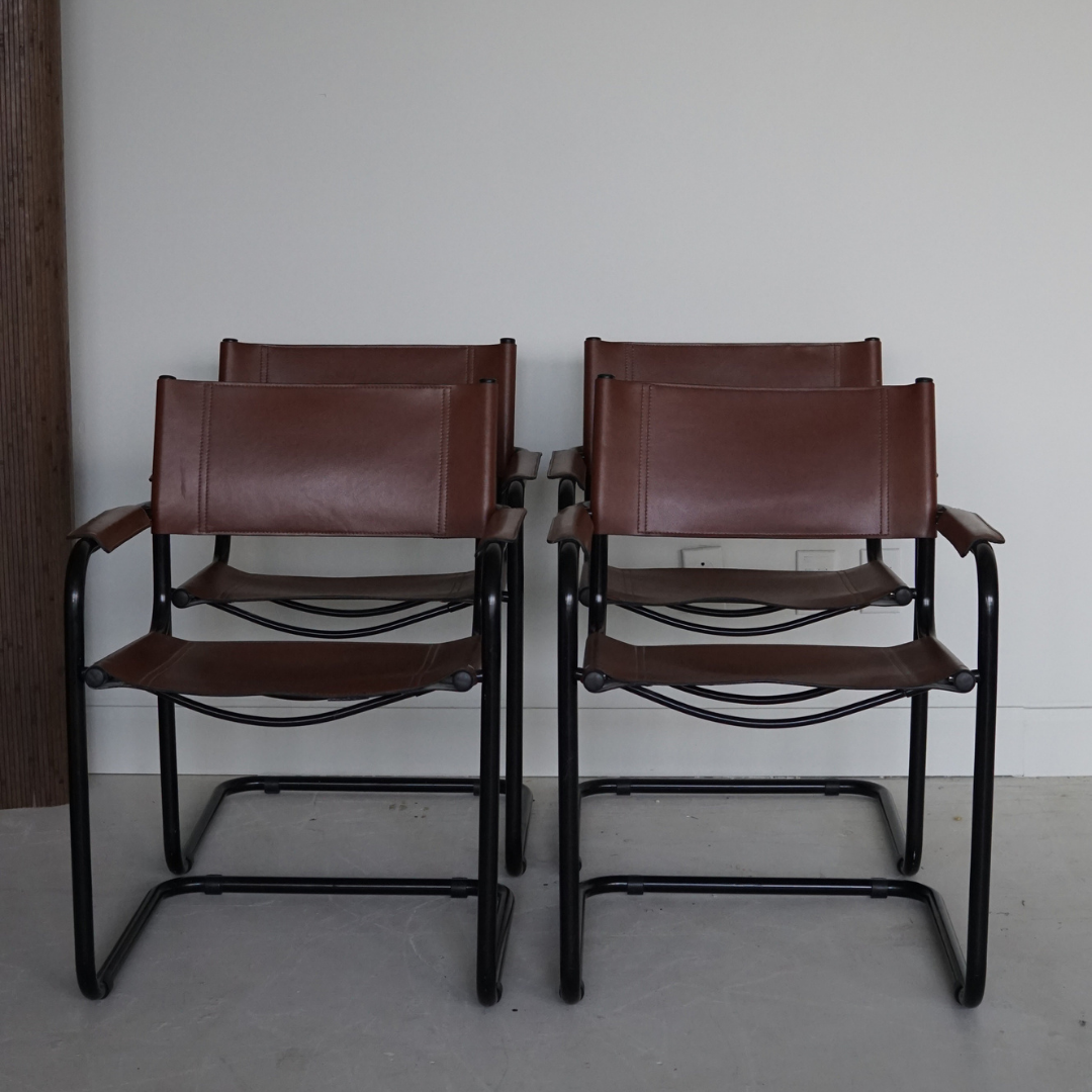 Rare Burnt Brick Genuine Leather Dining Armchairs After Marcel Breuer's Design