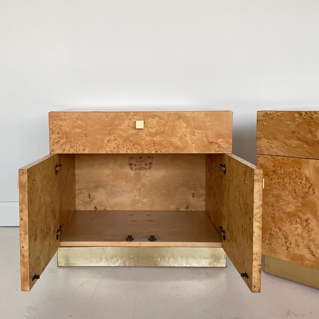 Milo Baughman Burlwood and Brass Nightstands for Founders by Thomasville Furniture, 1979