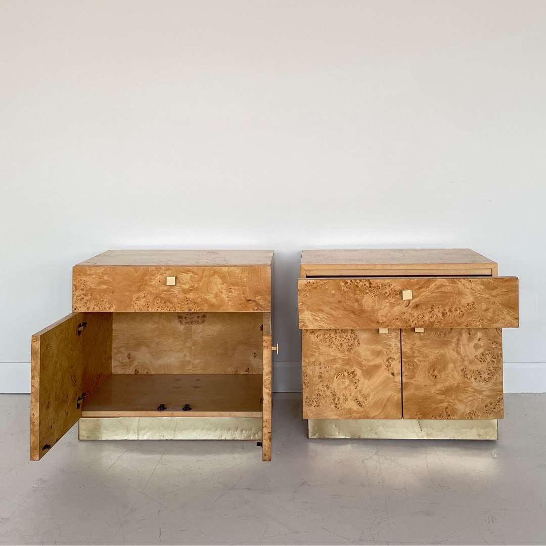 Milo Baughman Burlwood and Brass Nightstands for Founders by Thomasville Furniture, 1979