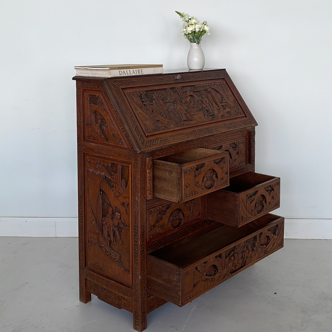 Hand Carved Chinese Secretary Desk, 1960's