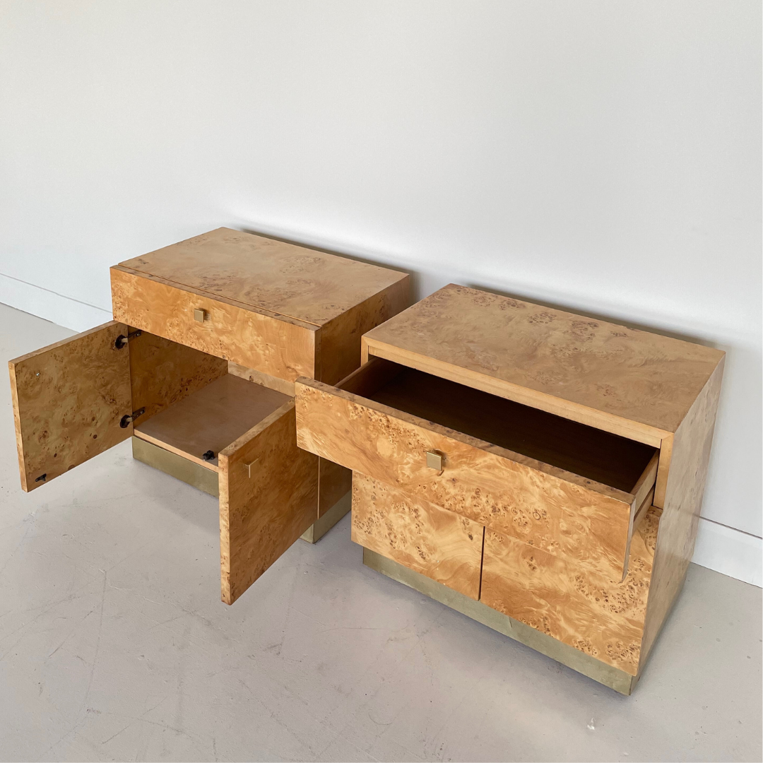 Milo Baughman Burlwood and Brass Nightstands for Founders by Thomasville Furniture, 1979