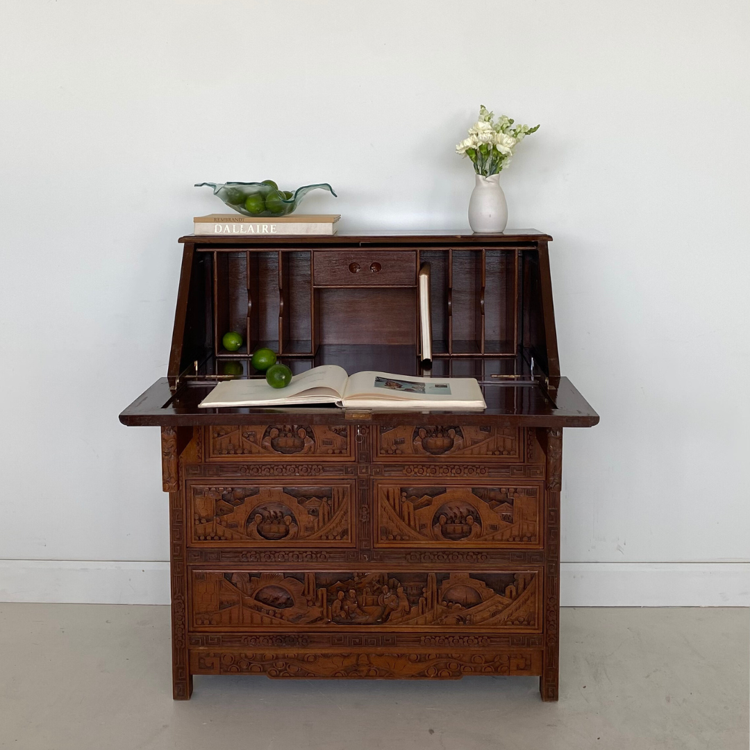 Hand Carved Chinese Secretary Desk, 1960's