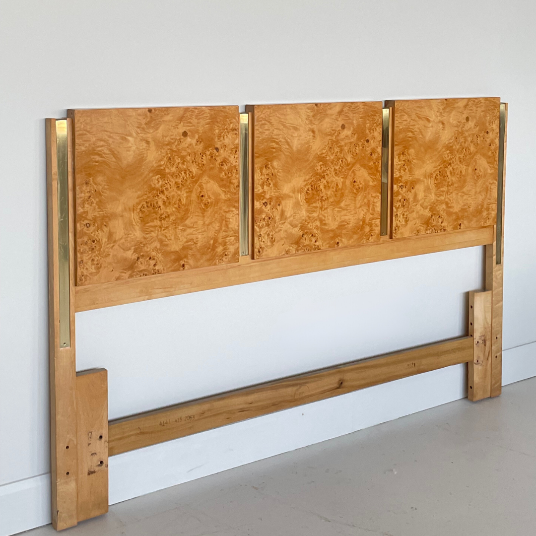 Milo Baughman burlwood and brass Double Headboard for Founders by Thomasville Furniture, 1979