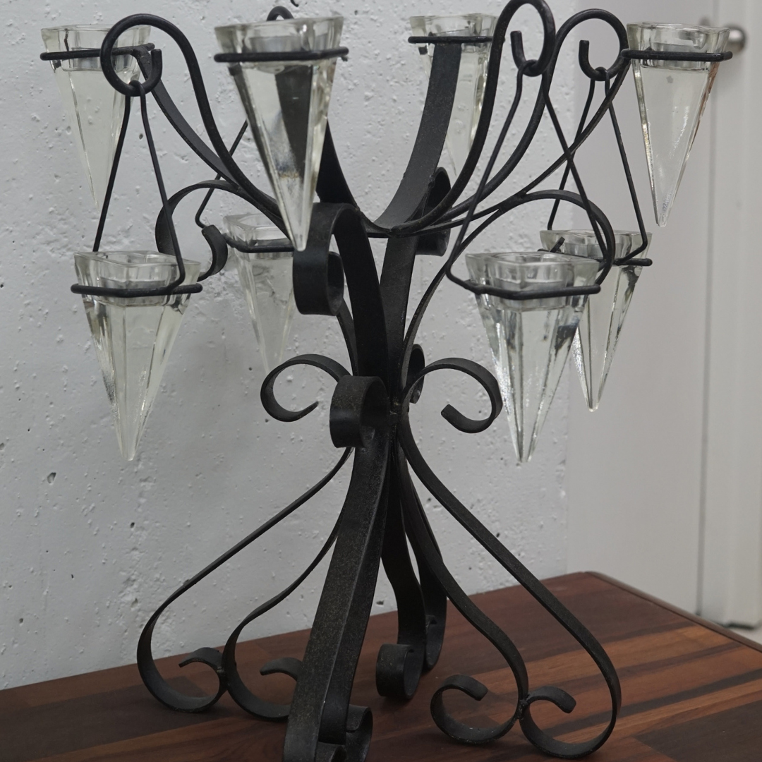 Vintage Wrought Iron Candelabra with 8 Pyramid Glass Holders