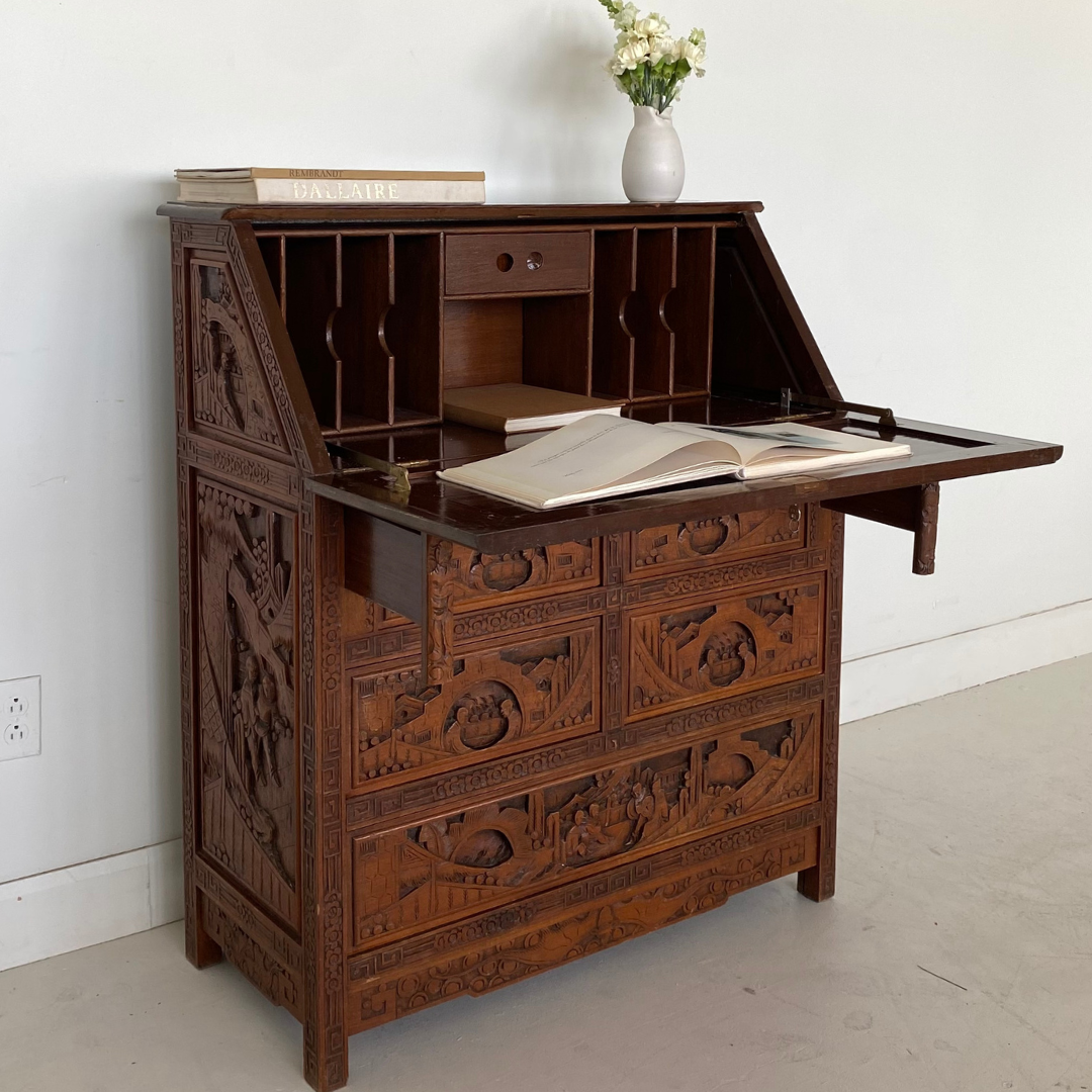 Hand Carved Chinese Secretary Desk, 1960's