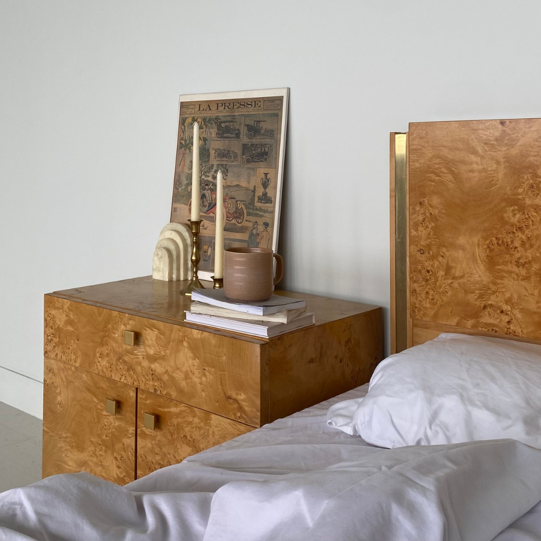 Milo Baughman Burlwood and Brass Nightstands for Founders by Thomasville Furniture, 1979