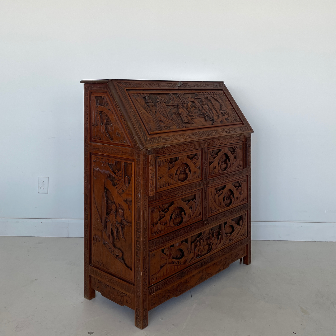 Hand Carved Chinese Secretary Desk, 1960's