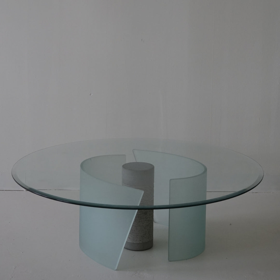 Glass Coffee Table with Ribbed Ciment Cylinder and Frosted Glass Base