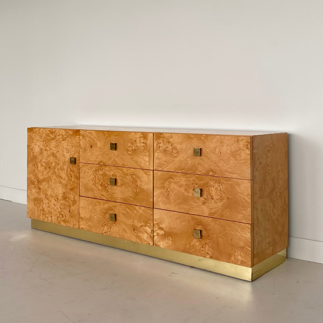 Milo Baughman burlwood and brass Dresser for Founders by Thomasville Furniture, 1979