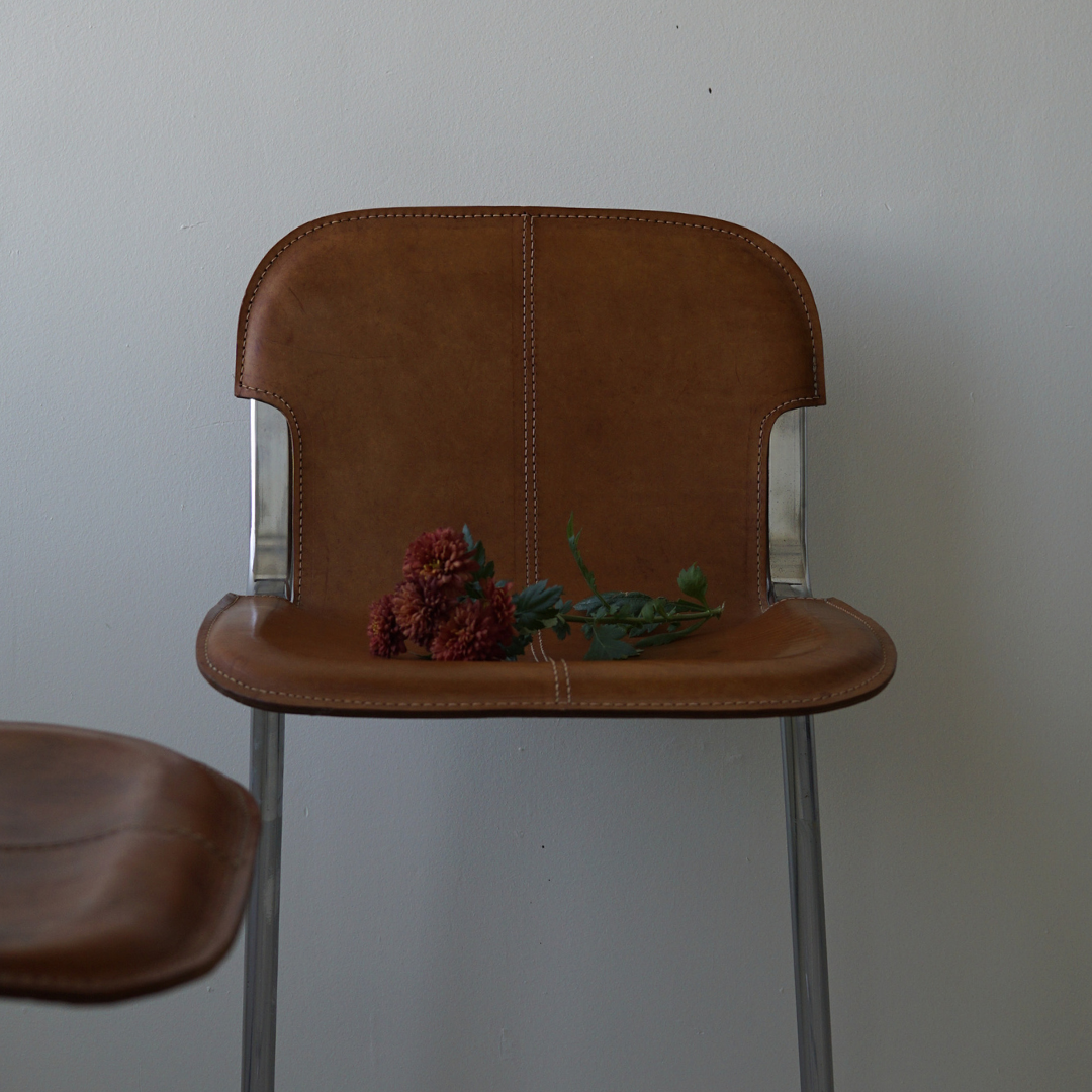 Pair (2) of Vintage Tubular Metal Stools with Genuine Leather Seats