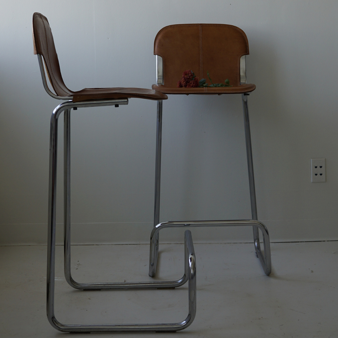 Pair (2) of Vintage Tubular Metal Stools with Genuine Leather Seats