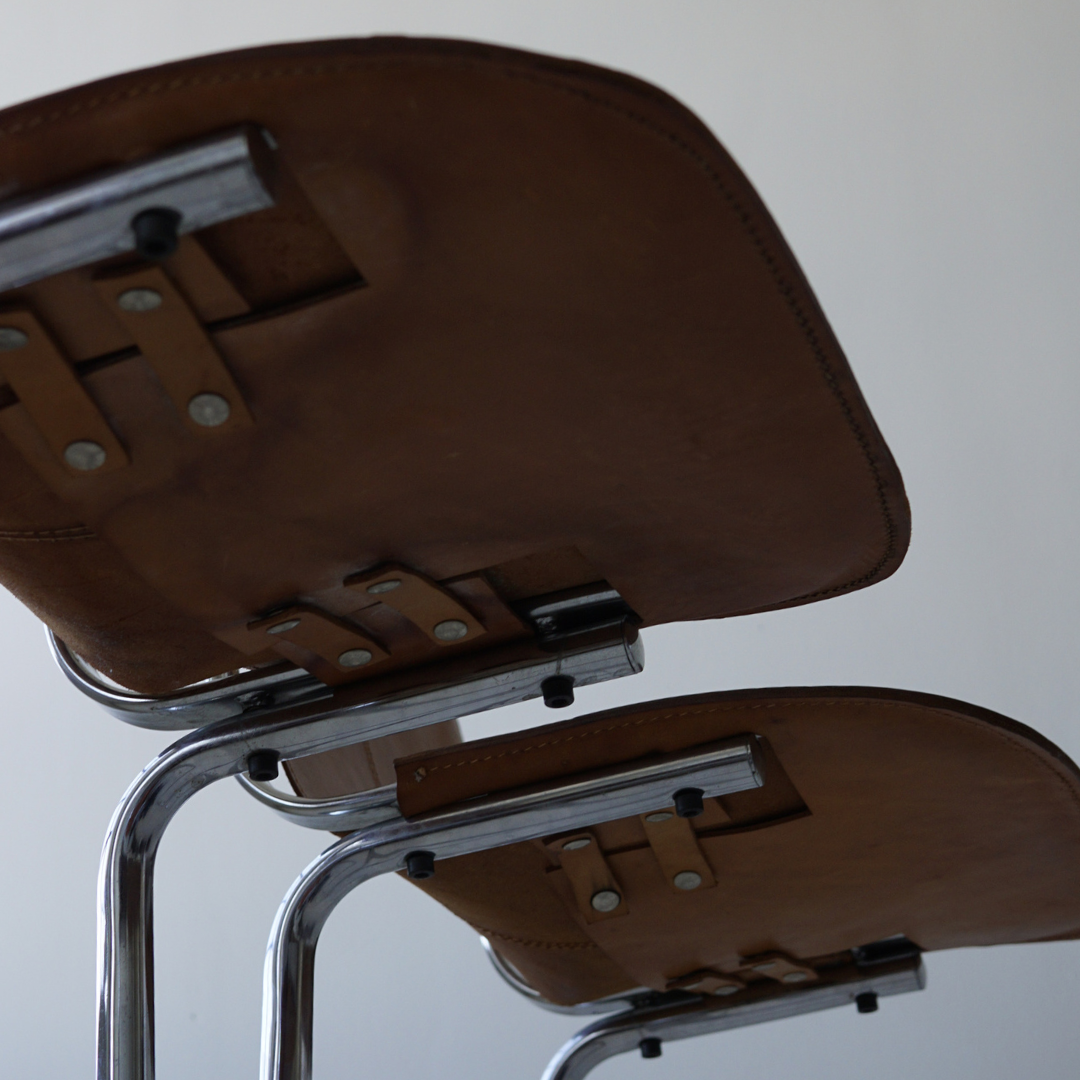 Pair (2) of Vintage Tubular Metal Stools with Genuine Leather Seats