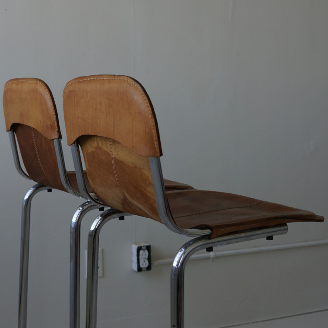 Pair (2) of Vintage Tubular Metal Stools with Genuine Leather Seats