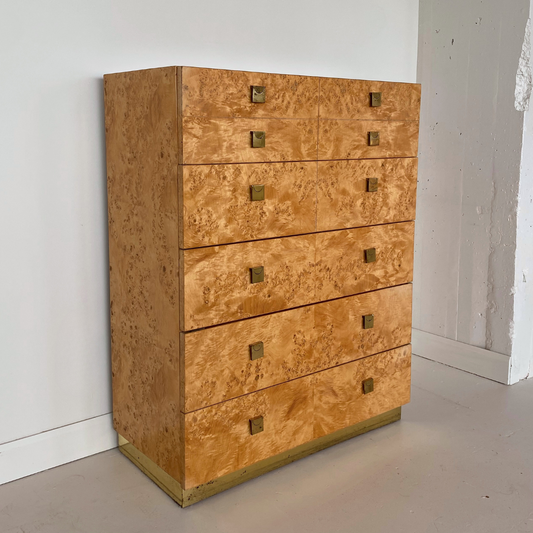 Milo Baughman Burlwood and Brass 5-Drawer Tall Boy for Founders by Thomasville Furniture, 1979